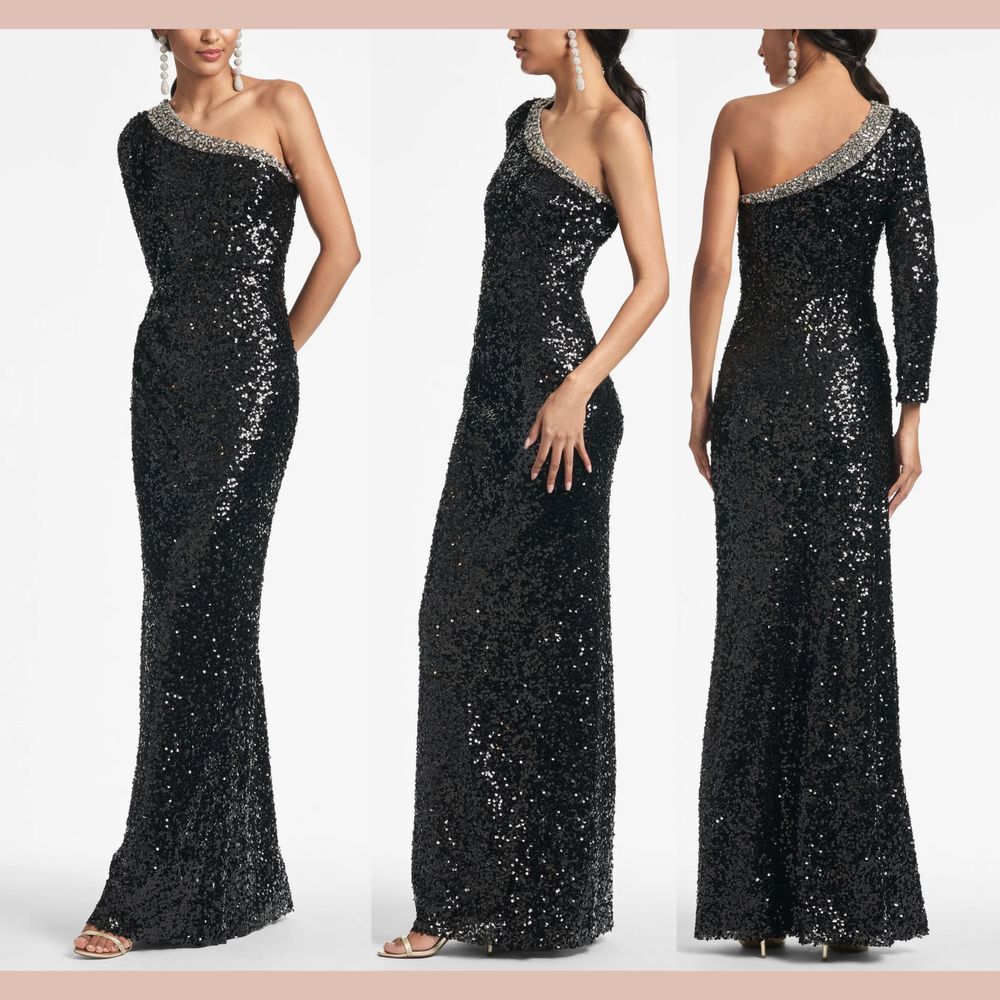 NWT $1095 Sachin & Babi [ 10 ] Greta Sequined One Shoulder‎ Gown Black Silver